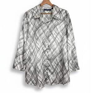 Susan Graver Womens 1X Art‎ to Wear Abstract Plaid Satin Button Up Tunic Blouse